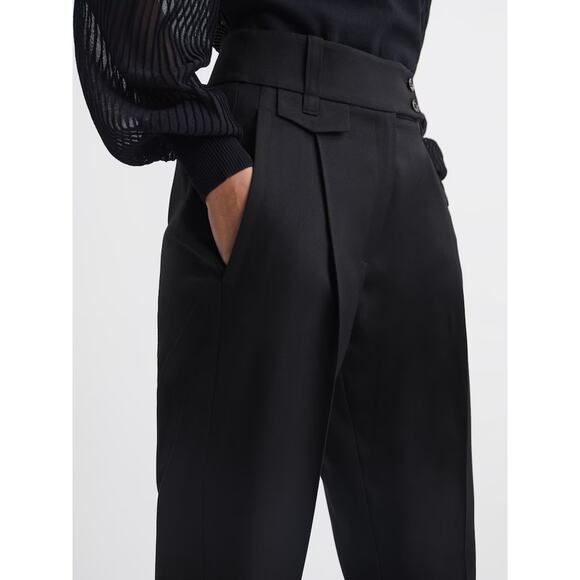 REISS Black High Rise Cropped Tapered Trousers Womens 12 Black Pleat Front - Picture 4 of 16